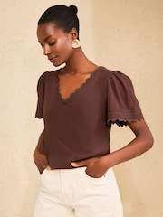 Love & Roses Chocolate Brown Scallop V-Neck T-Shirt - Image 2 of 4