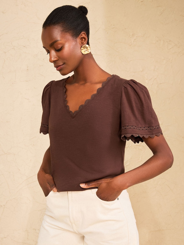Love & Roses Chocolate Brown Scallop V-Neck T-Shirt - Image 2 of 4