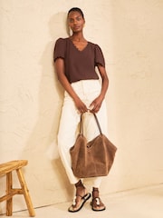 Love & Roses Chocolate Brown Scallop V-Neck T-Shirt - Image 3 of 4