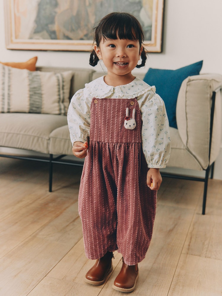 Pink Corduroy/ Ecru Ditsy Blouse & Dungarees Set 2 Piecs (3mths-7yrs) - Image 1 of 10 Pink Corduroy/ Ecru Ditsy Blouse & Dungarees Set 2 Piecs (3mths-7yrs) - Image 1 of 10
