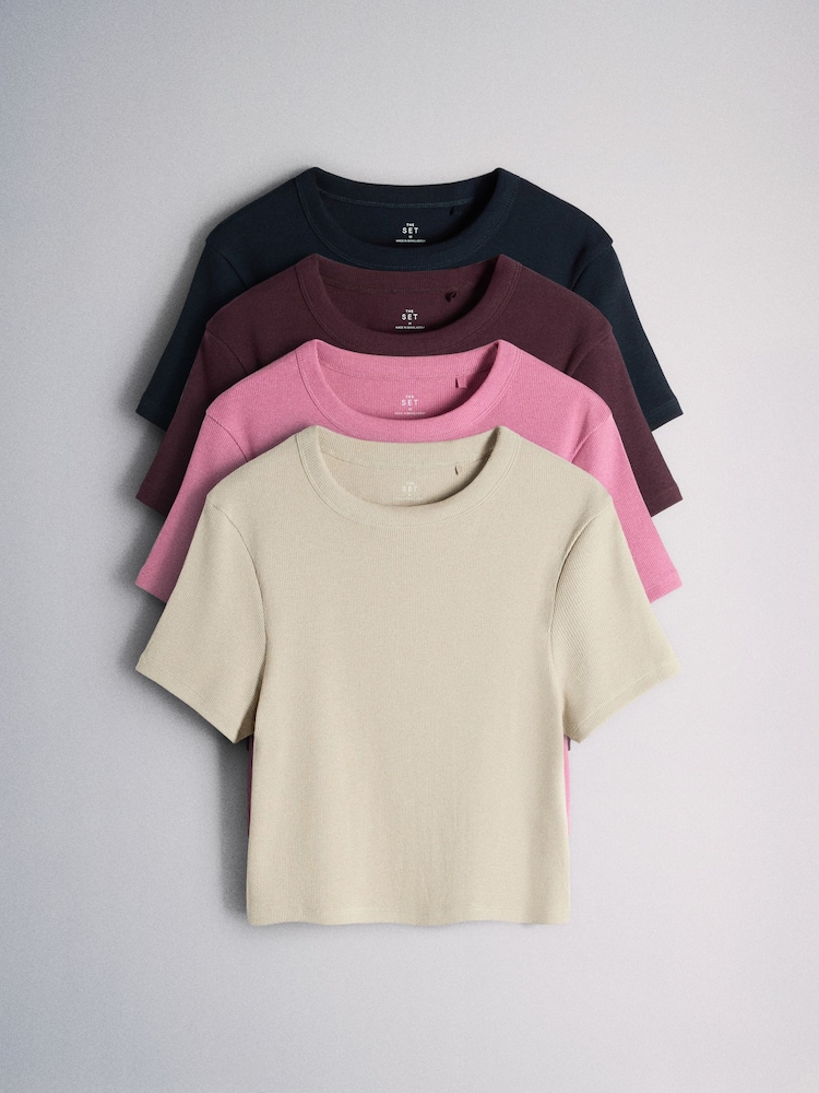 Dark Navy/Plum/Pink/Taupe - T-Shirts za Seti 4 zenye Ribbed Iliyopunguzwa - Picha 1 kati ya 6