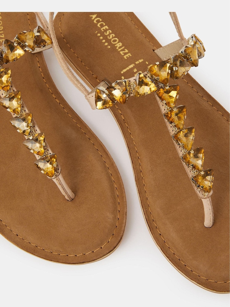 Accessorize Gold Gemstone Leather Sandals - Image 3 of 3 Accessorize Gold Gemstone Leather Sandals - Image 3 of 3