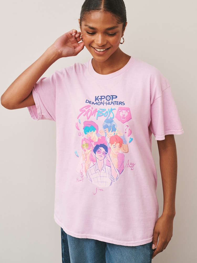Pink Cotton KPop Demon Hunters Graphic T-Shirt - Image 1 of 7 Pink Cotton KPop Demon Hunters Graphic T-Shirt - Image 1 of 7