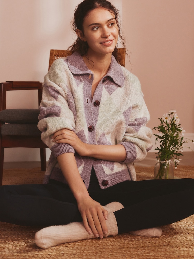 Bath & Body Works Purple/Green Argyle Lounge Cardigan with Collar - Image 1 of 7