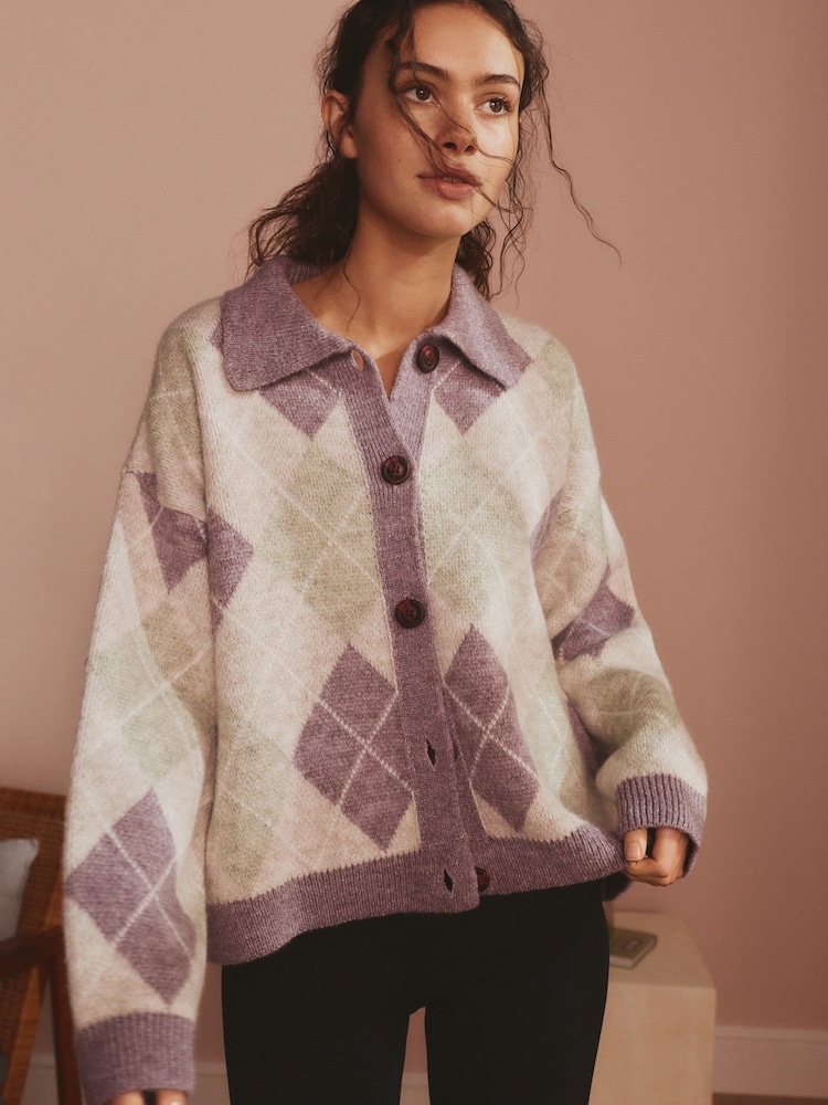 Bath & Body Works Purple/Green Argyle Lounge Cardigan with Collar - Image 2 of 7