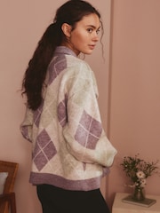 Bath & Body Works Purple/Green Argyle Lounge Cardigan with Collar - Image 3 of 7