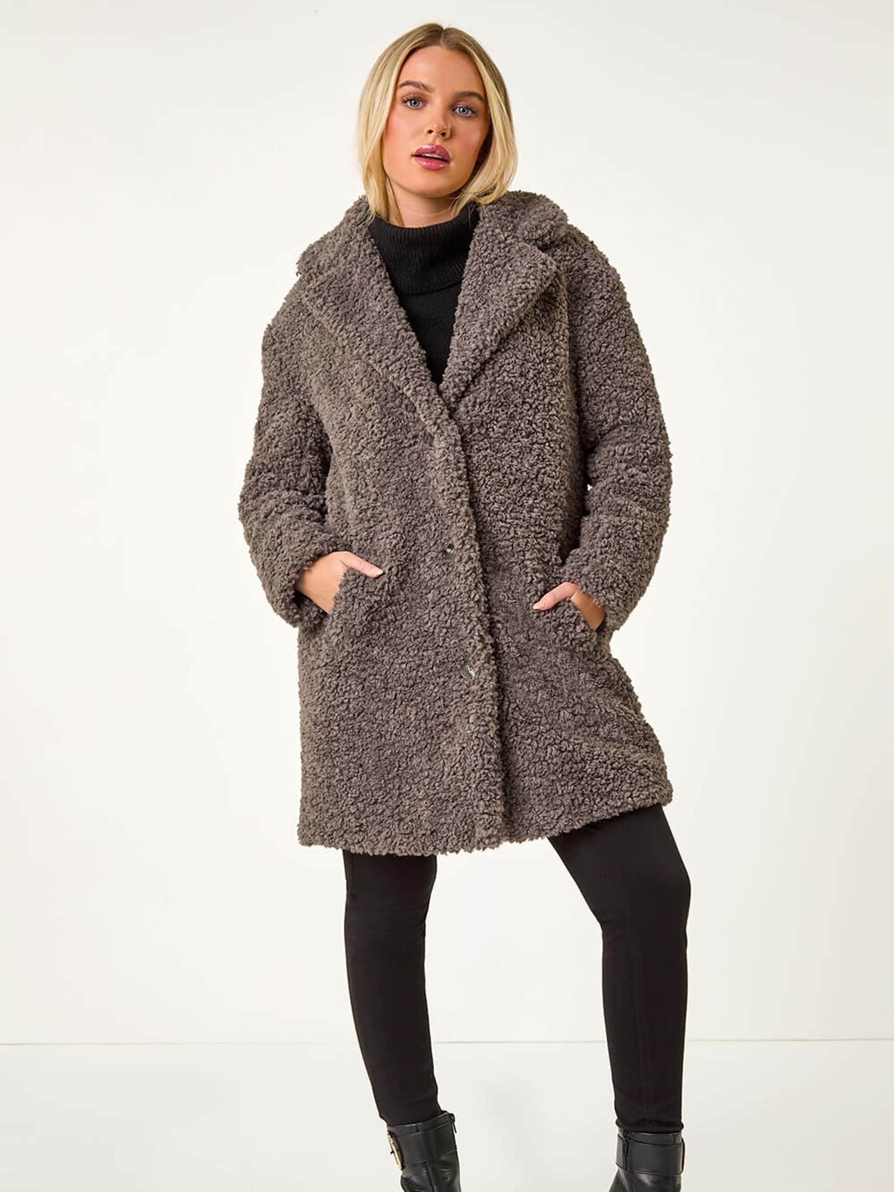 Roman Women's Taupe Petite Teddy Longline Coat In Size 18 - Image 3
