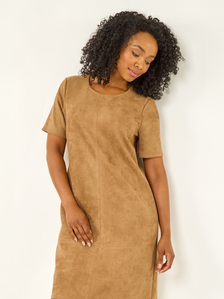 Roman Brown Petite Premium Stretch Suede Shift Dress - Image 2 of 5 Roman Brown Petite Premium Stretch Suede Shift Dress - Image 2 of 5