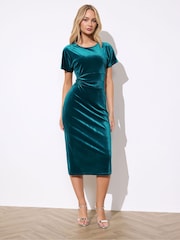 M&Co Green Velvet Bow Midi Dress - Image 1 of 5