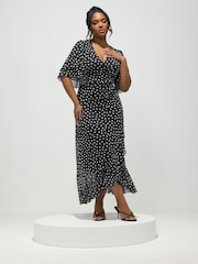 Yours Curve Black London Polkadot Mesh Wrap Ruffle Dress - Image 1 of 5