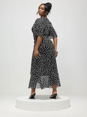 Yours Curve Black London Polkadot Mesh Wrap Ruffle Dress - Image 3 of 5
