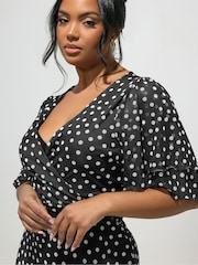 Yours Curve Black London Polkadot Mesh Wrap Ruffle Dress - Image 4 of 5