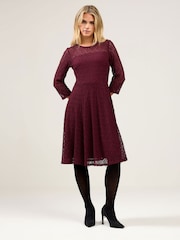 M&Co Purple Petite Lace 3/4 Sleeve Skater Dress - Image 1 of 5