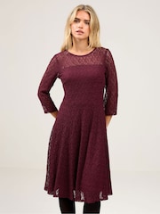 M&Co Purple Petite Lace 3/4 Sleeve Skater Dress - Image 2 of 5