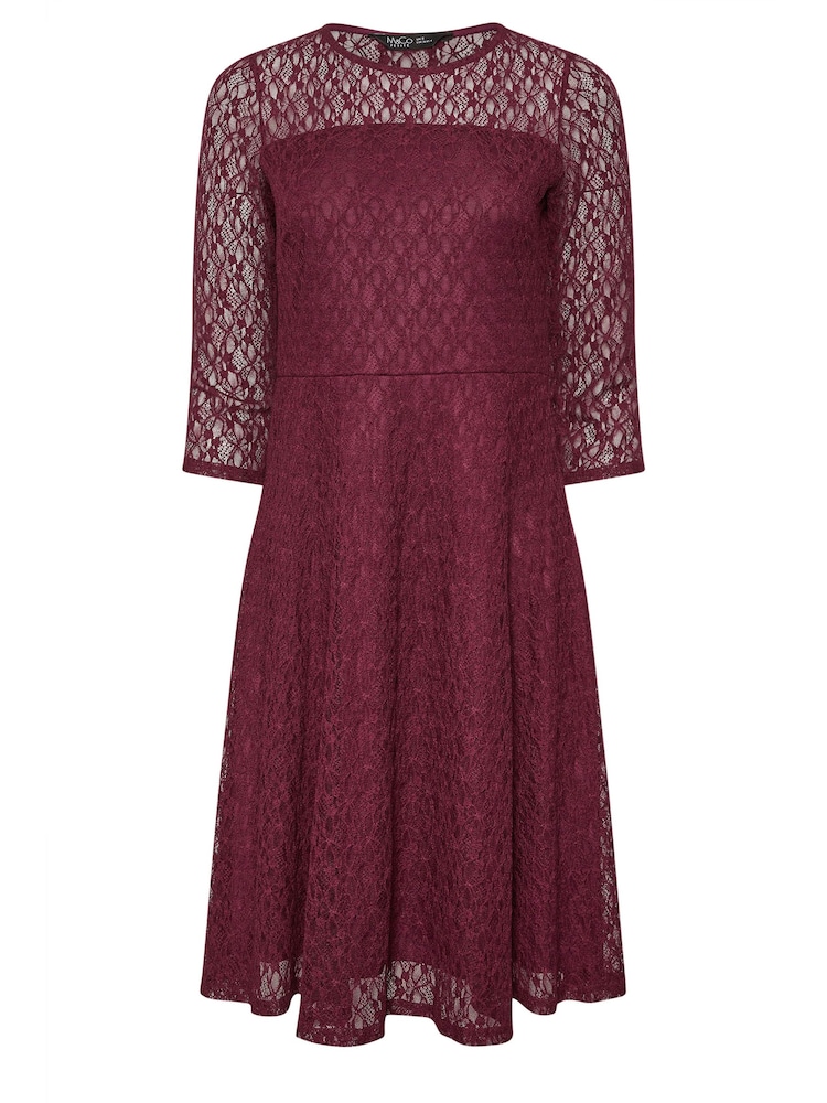 M&Co Purple Petite Lace 3/4 Sleeve Skater Dress - Image 5 of 5