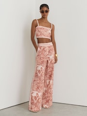Reiss Pale Pink Mila Petite Linen Wave-Trim Printed Wide-Leg Trousers - Image 1 of 9