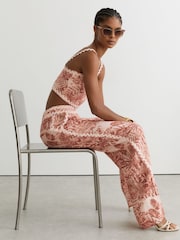 Reiss Pale Pink Mila Petite Linen Wave-Trim Printed Wide-Leg Trousers - Image 3 of 9