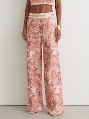 Reiss Pale Pink Mila Petite Linen Wave-Trim Printed Wide-Leg Trousers - Image 4 of 9