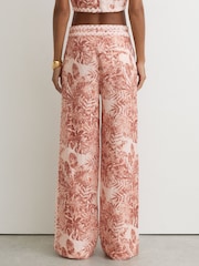 Reiss Pale Pink Mila Petite Linen Wave-Trim Printed Wide-Leg Trousers - Image 6 of 9