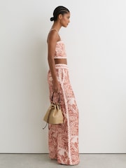 Reiss Pale Pink Mila Petite Linen Wave-Trim Printed Wide-Leg Trousers - Image 7 of 9