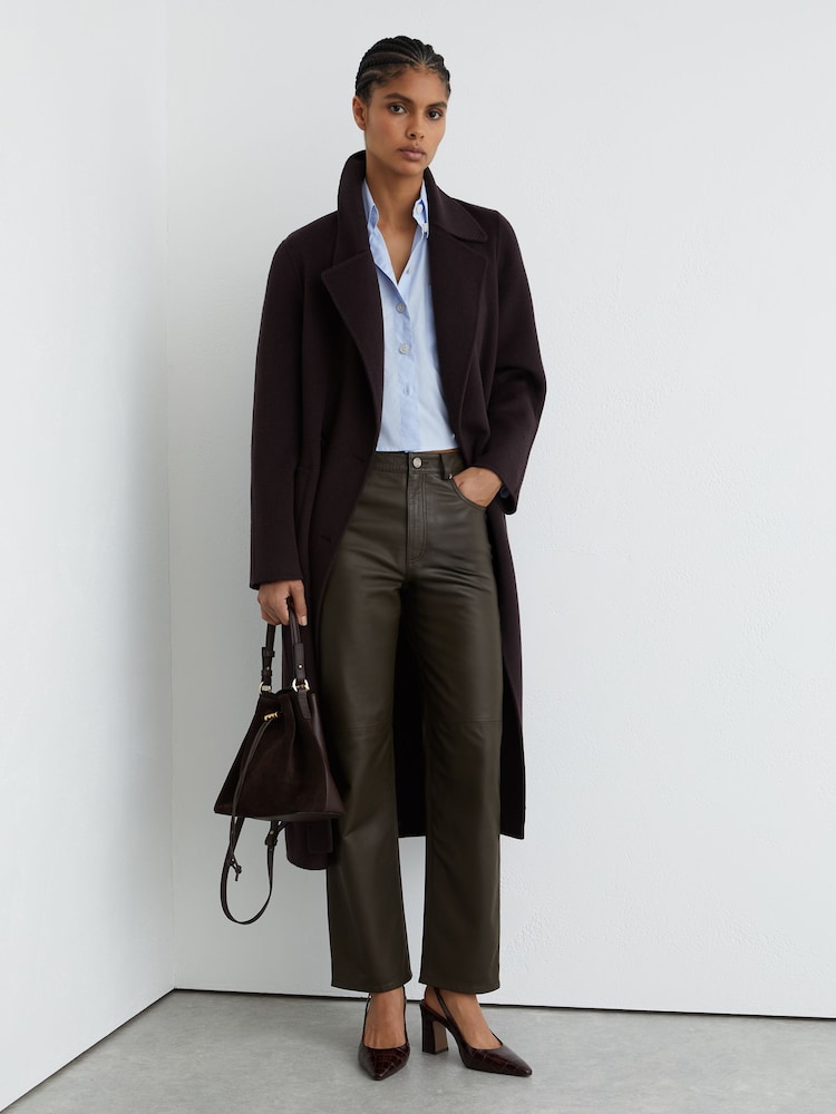 Reiss Khaki Green Verona Leather Slim-Leg Trousers - Image 1 of 6 Reiss Khaki Green Verona Leather Slim-Leg Trousers - Image 1 of 6