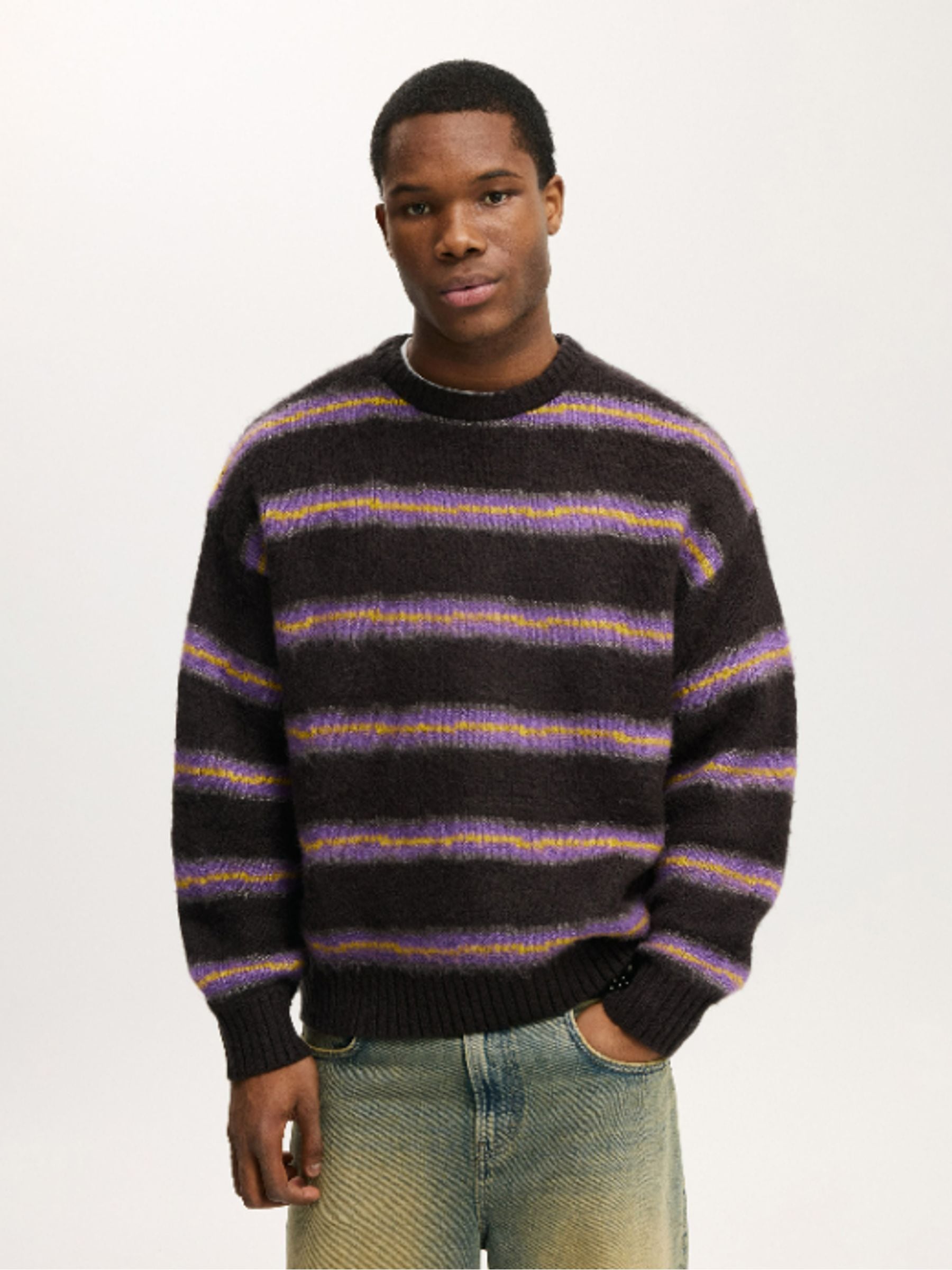Buy Cotton On Black Stripe Box Fit Fuzzy Crew Neck Knit Jumper