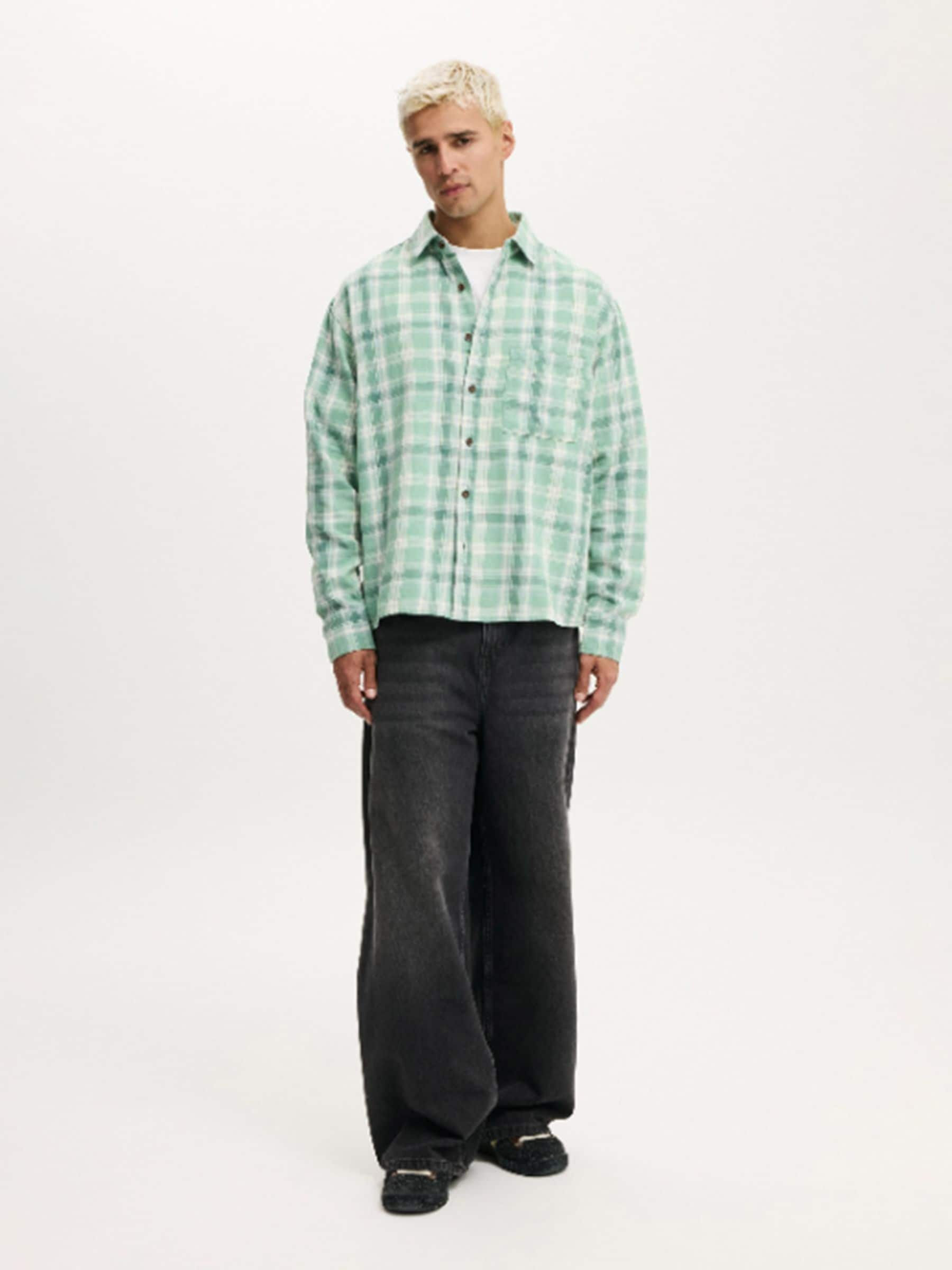 Buy Cotton On Teal Washed Check Tribeca Long Sleeve Shirt from