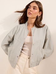 Friends Like These Ecru Stripe Short Collarless Zip Through Denim Jacket - Image 1 of 4