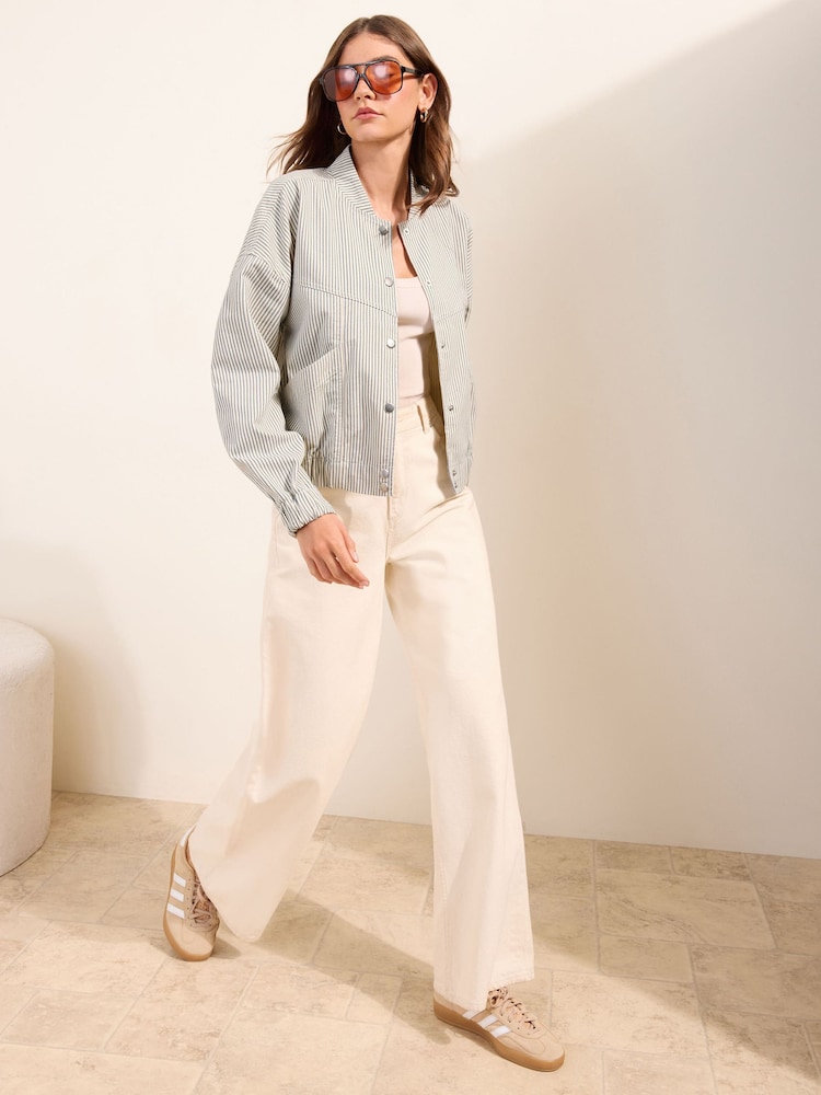 Friends Like These Ecru Stripe Short Collarless Zip Through Denim Jacket - Image 2 of 4