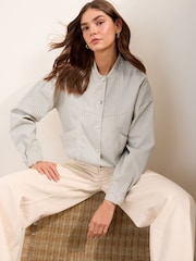 Friends Like These Ecru Stripe Short Collarless Zip Through Denim Jacket - Image 3 of 4