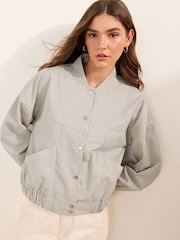 Friends Like These Ecru Stripe Short Collarless Zip Through Denim Jacket - Image 4 of 4