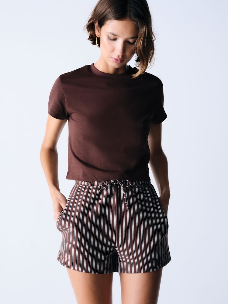 The Set 2 Piece Cropped T-Shirt and Striped Shorts Set Brown Stripe - Image 1 of 10 The Set 2 Piece Cropped T-Shirt and Striped Shorts Set Brown Stripe - Image 1 of 10