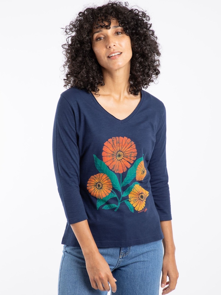 Weird Fish Blue Flower Power Front Print 3/4 Sleeve Graphic T-Shirt - Image 1 of 6 Weird Fish Blue Flower Power Front Print 3/4 Sleeve Graphic T-Shirt - Image 1 of 6