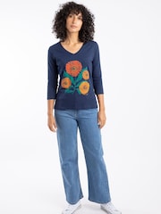 Weird Fish Blue Flower Power Front Print 3/4 Sleeve Graphic T-Shirt - Image 3 of 6