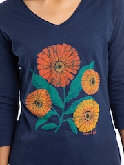 Weird Fish Blue Flower Power Front Print 3/4 Sleeve Graphic T-Shirt - Image 4 of 6