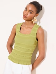 Lipsy Green Frill Detail Ribbed Buttoned Knit Vest Top - Image 1 of 5