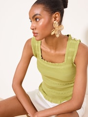 Lipsy Green Frill Detail Ribbed Buttoned Knit Vest Top - Image 4 of 5