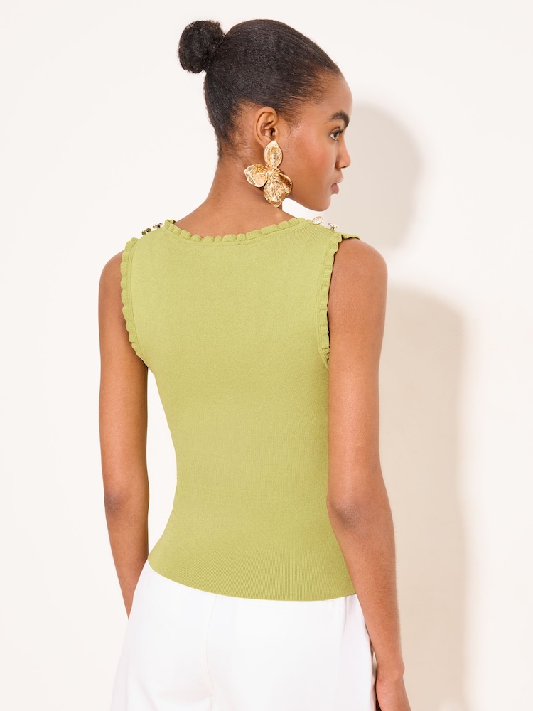 Lipsy Green Frill Detail Ribbed Buttoned Knit Vest Top - Image 5 of 5