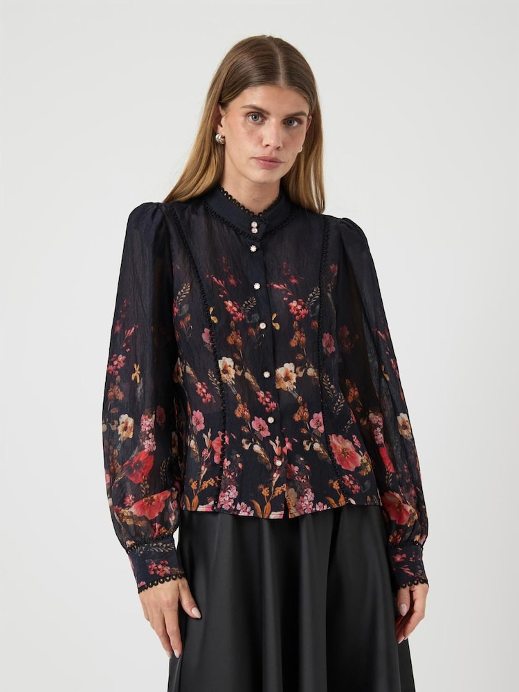Y.A.S Floral Pattern Long Sleeve Black Shirt - Image 1 of 4 Y.A.S Floral Pattern Long Sleeve Black Shirt - Image 1 of 4