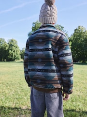 Tan Brown / Green  Zip Through Ikat Borg Lined Shacket (3-16yrs) - Image 3 of 4