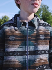 Tan Brown / Green  Zip Through Ikat Borg Lined Shacket (3-16yrs) - Image 4 of 4