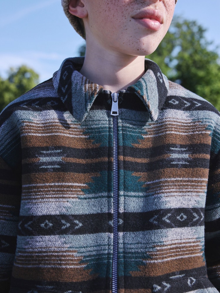 Tan Brown / Green  Zip Through Ikat Borg Lined Shacket (3-16yrs) - Image 4 of 4