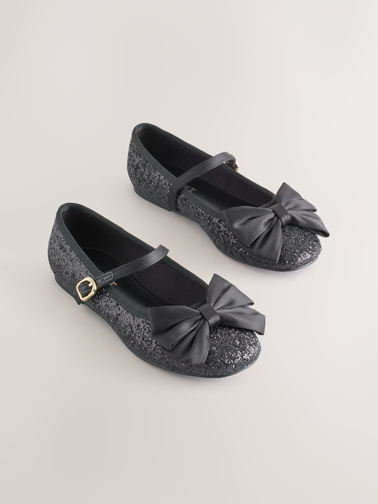 Black Glitter Standard Fit (F) Bow Mary Jane Shoes - Image 1 of 6 Black Glitter Standard Fit (F) Bow Mary Jane Shoes - Image 1 of 6