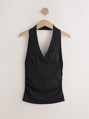 Black Ruched Side Halter Neck Sleeevless Top - Image 1 of 3