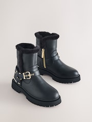 Baker by Ted Baker Faux Fur Trim Embossed Biker Black Boots - Image 1 of 6