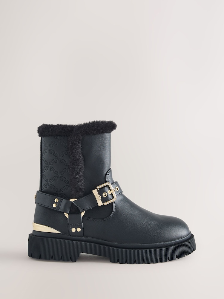Baker by Ted Baker Faux Fur Trim Embossed Biker Black Boots - Image 2 of 6 Baker by Ted Baker Faux Fur Trim Embossed Biker Black Boots - Image 2 of 6
