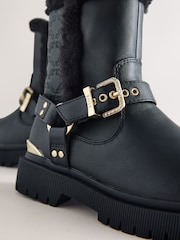Baker by Ted Baker Faux Fur Trim Embossed Biker Black Boots - Image 3 of 6
