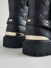 Baker by Ted Baker Faux Fur Trim Embossed Biker Black Boots - Image 5 of 6