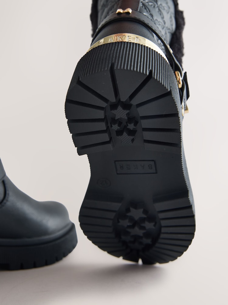 Baker by Ted Baker Faux Fur Trim Embossed Biker Black Boots - Image 6 of 6 Baker by Ted Baker Faux Fur Trim Embossed Biker Black Boots - Image 6 of 6
