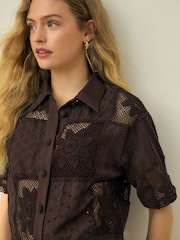 Chocolate Brown N. Premium Crochet Patchwork Short Sleeve Shirt - Image 1 of 8